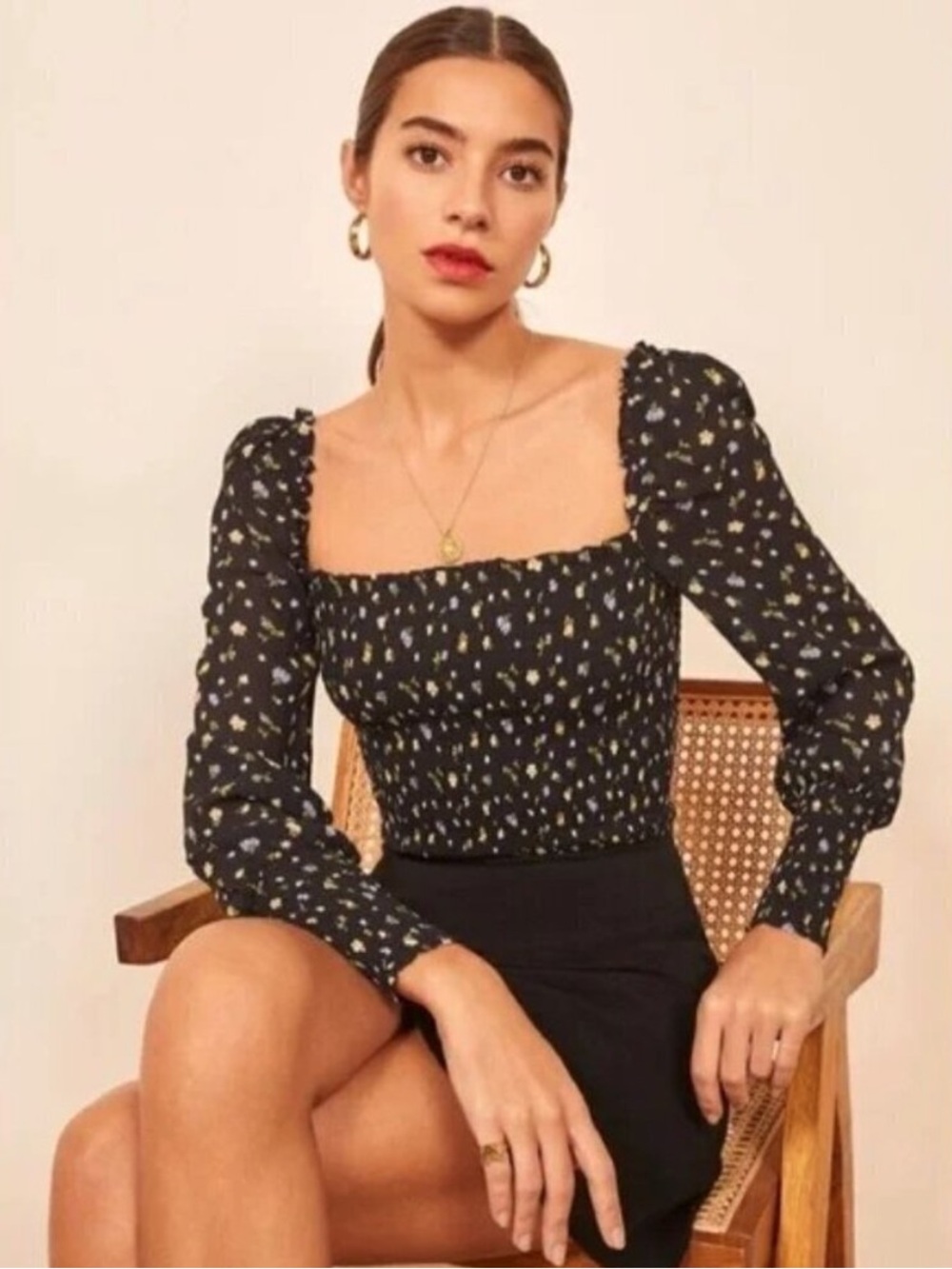 NWT Reformation Black Floral Posie Print Smocked Long Sleeve Pinto Top Sz. M